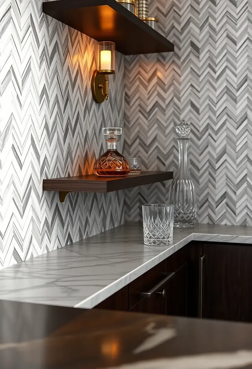 herringbone calacatta marble mosaic backsplash behind an elegant home bar with crystal decanters