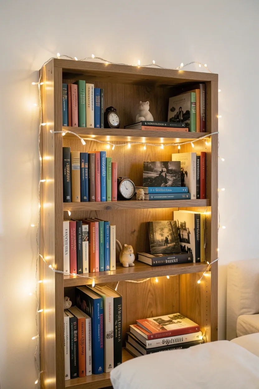 Hyper-realistic eye-level photograph of a wooden bookcase in a bedroom with warm white fairy lights woven around the shelves creating soft glow. Books with colorful spines visible, small decorative objects on shelves. White wall background, soft room lighting. Materials: natural wood, warm LED lights, various book covers. Literary cozy mood. Shallow depth of field, sharp details on book spines and light glow. No text, no logos, no watermarks.</p>