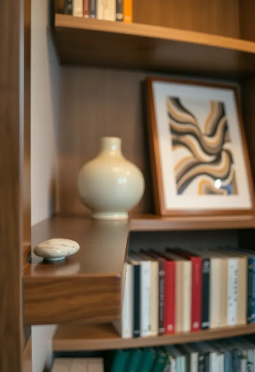 Side-angle view of a bookshelf showing objects placed at varying depths — some at the front shelf edge, some pushed halfway back, some against the back wall, creating a layered three-dimensional effect