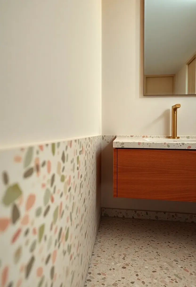 Polished terrazzo baseboard trim with multicolored aggregate chips in a mid-century modern bathroom with a walnut vanity