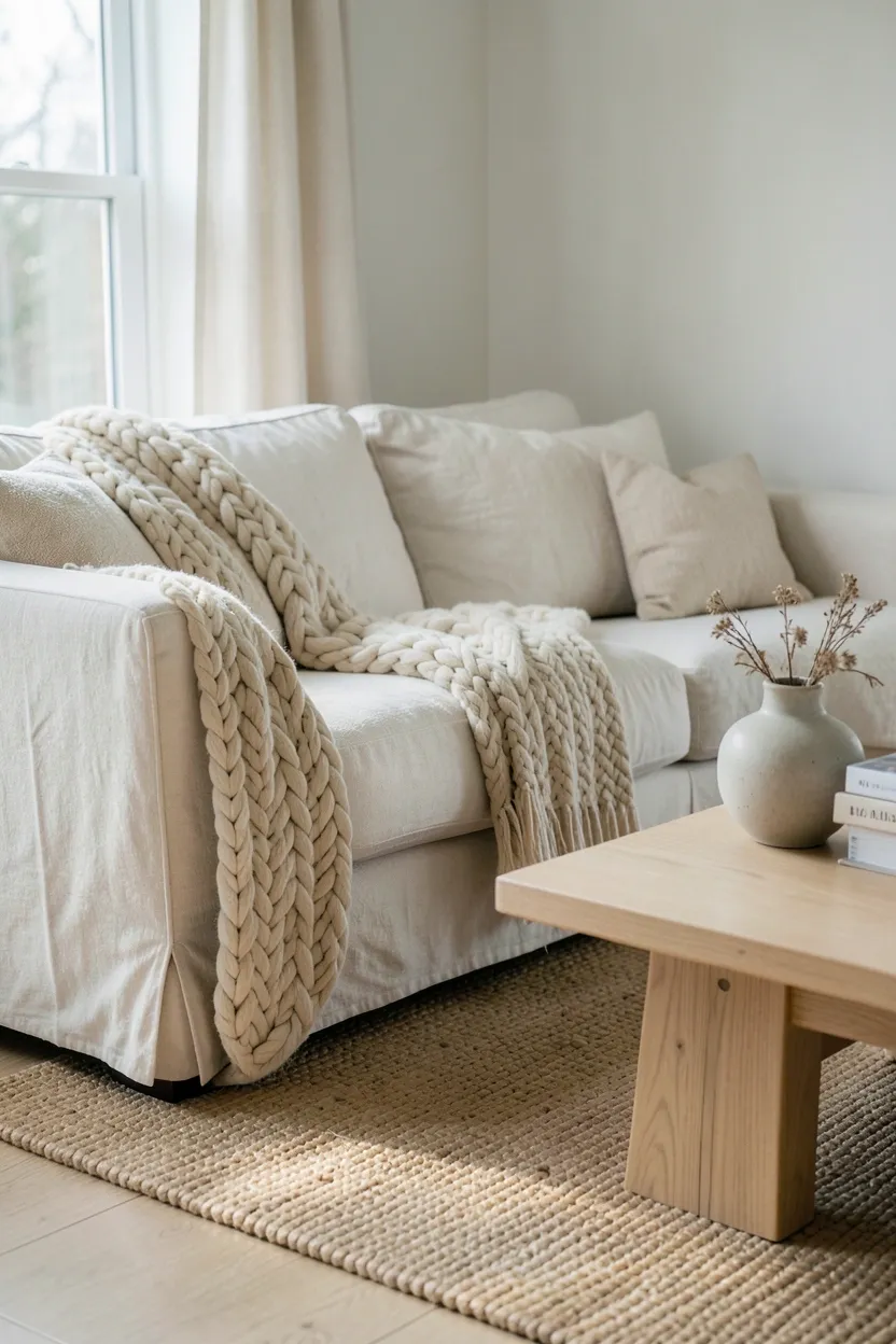 Layered textures in a Japandi living room — jute rug, chunky knit throw, linen sofa, and ceramic vase in neutral tones