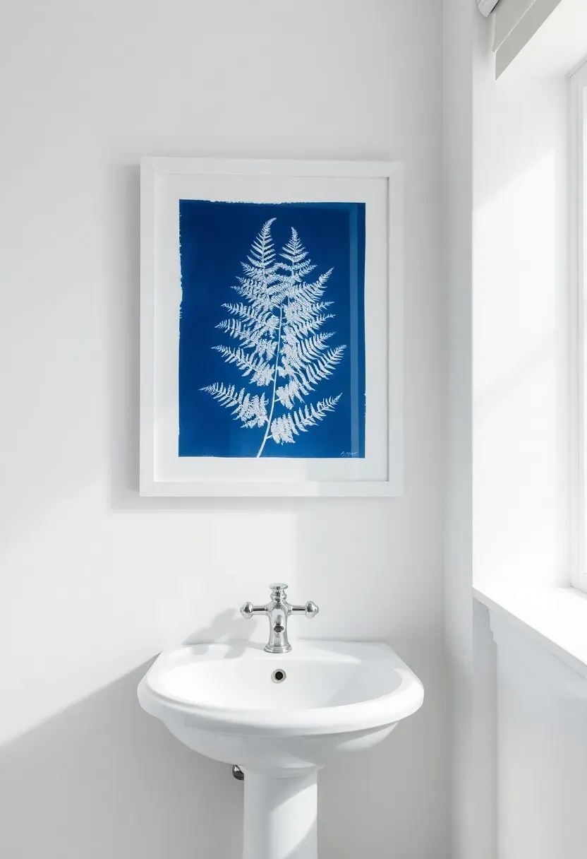 Deep blue cyanotype botanical print of fern fronds on white paper in a white floating frame in a bright airy bathroom