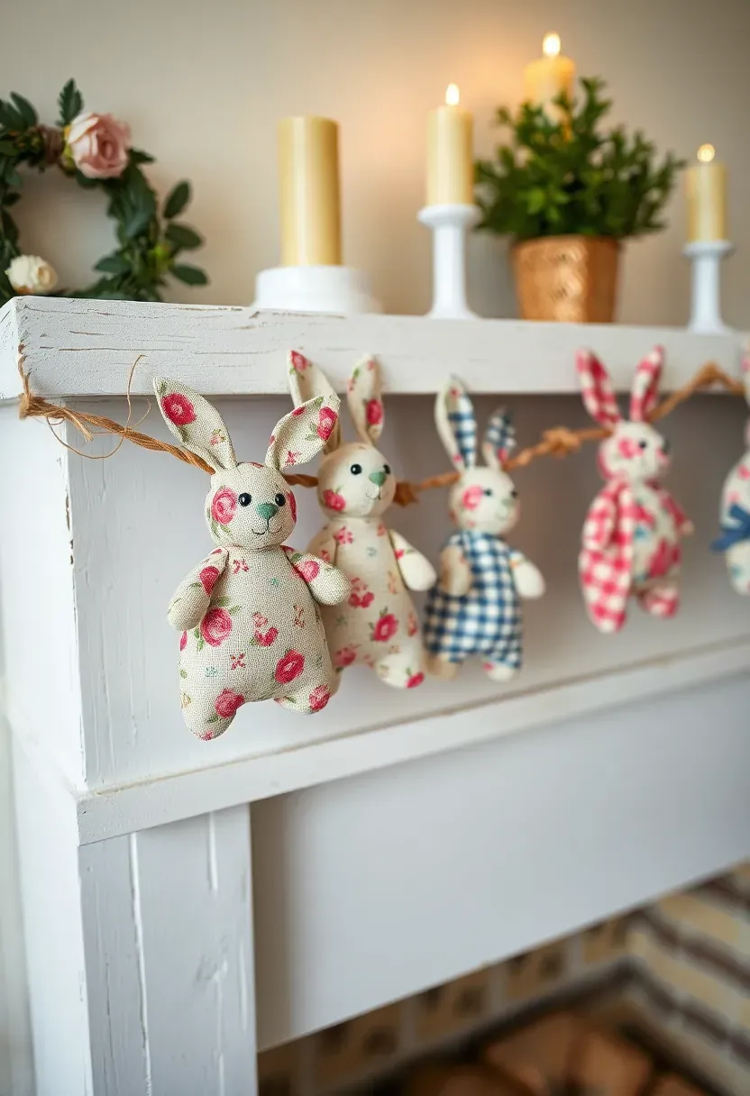 garland of small fabric bunnies in floral prints hanging across a mantel