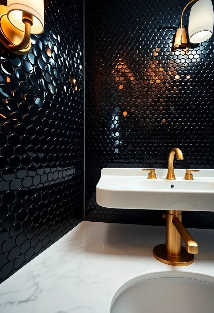Dramatic bathroom backsplash of glossy black penny round tiles contrasting against a white marble countertop and brushed gold hardware