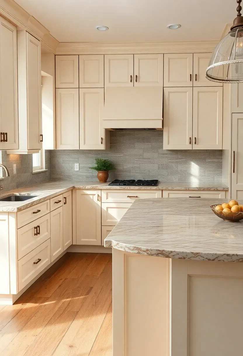 Hyper-realistic 3/4 view of a neutral kitchen with honed granite countertops featuring warm beige and gold movement. Materials: honed granite with warm cream and taupe veining, cream painted cabinets, warm gray ceramic tile backsplash, oil-rubbed bronze hardware, warm oak flooring. Soft natural light highlighting the matte stone finish, under-cabinet lighting showing stone texture. Visible large island with honed granite and cream barstools. Natural organic mood. Shallow depth of field showing stone surface texture, sharp details on granite patterns. No text, no logos, no watermarks.</p>