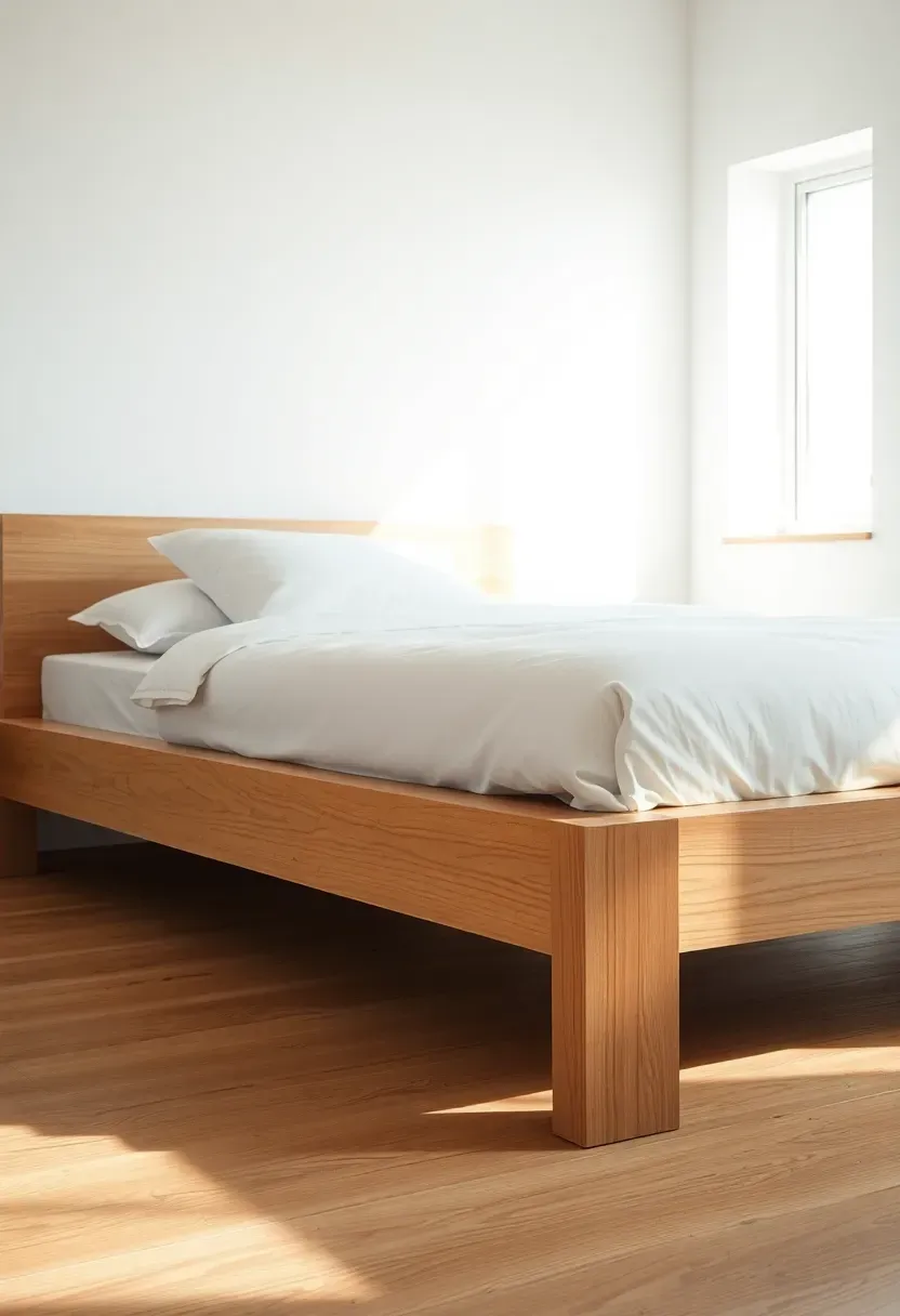 Hyper-realistic 3/4 view of a low-profile platform bed in natural light oak with simple clean lines and visible wood grain. Materials: light oak frame with matte natural finish, white linen bedding, one white pillow, light oak floor. Soft diffused daylight from window right creating gentle shadows. Visible room context—white walls, open space beneath bed showing floor, no box spring or bed skirt. Minimalist serene mood with architectural clarity. Sharp details on wood texture foreground.</p>