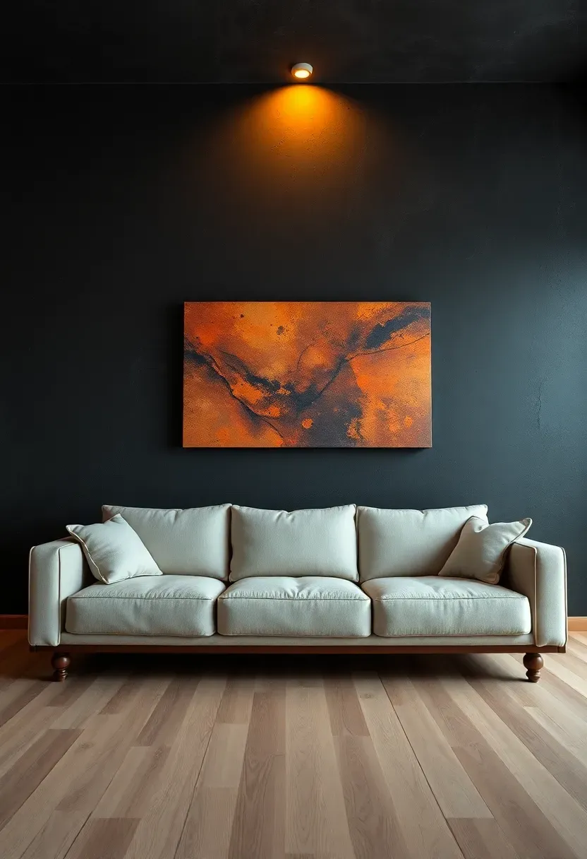 living room with a dramatic volcanic slate dark feature wall and modern art and minimalist furniture