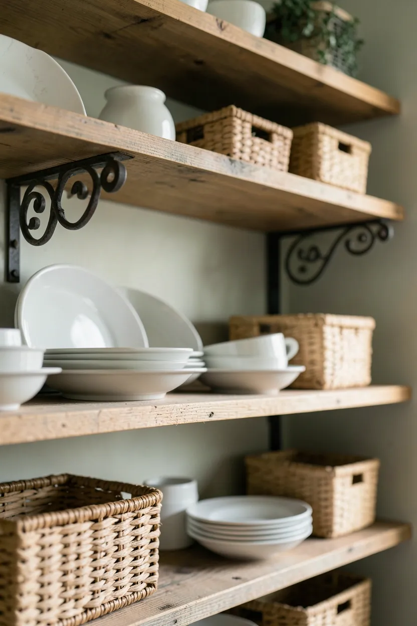 Farmhouse kitchen open shelving with wrought iron vintage brackets, white dishes, and woven baskets on natural wood planks