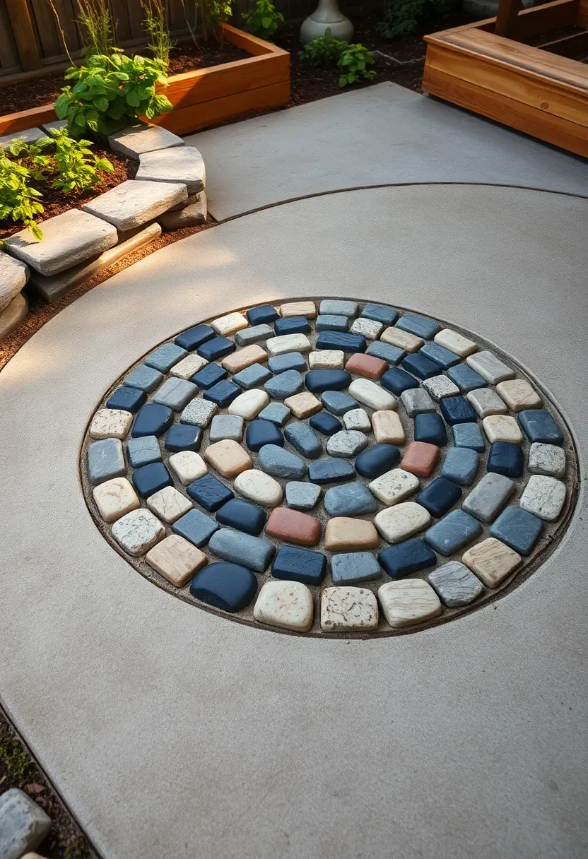 A decorative river rock mosaic pattern set in concrete on a backyard patio with garden beds alongside