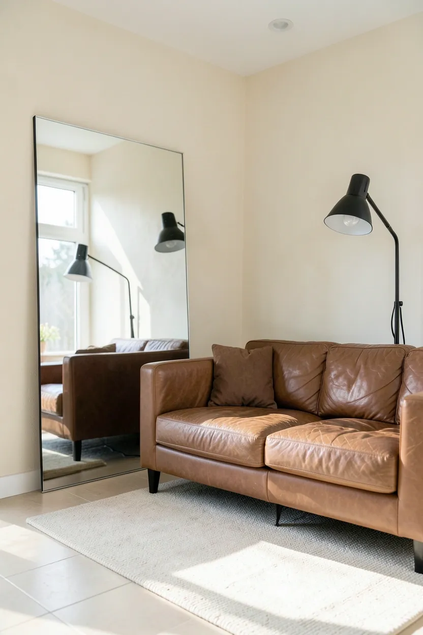 Large frameless floor mirror leaning against the wall in a minimalist apartment living room with brown couch, doubling natural light