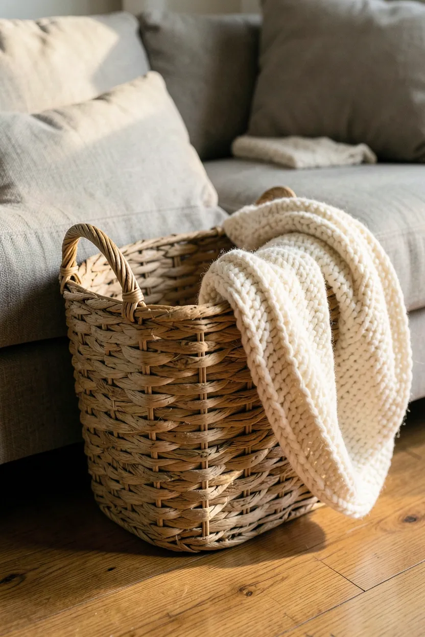 Hyper-realistic slightly elevated casual perspective of large woven seagrass basket sitting beside living room sofa. Chunky knit cream throw blanket casually draped over basket edge showing natural drape. Basket has handles and shows natural weave texture with slight unevenness. Part of sofa cushion and wooden floor visible. Warm morning light creates soft shadows highlighting basket weave. Materials: seagrass, wool, wood. Natural functional mood. Sharp basket weave and blanket texture details, shallow depth of field, casual composition. No text, no logos, no watermarks.