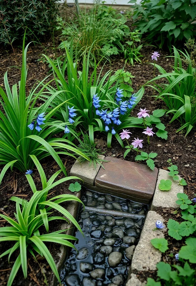 Backyard rain garden in a shallow depression with native sedges, blue lobelia, and swamp milkweed with a stone inlet directing roof runoff