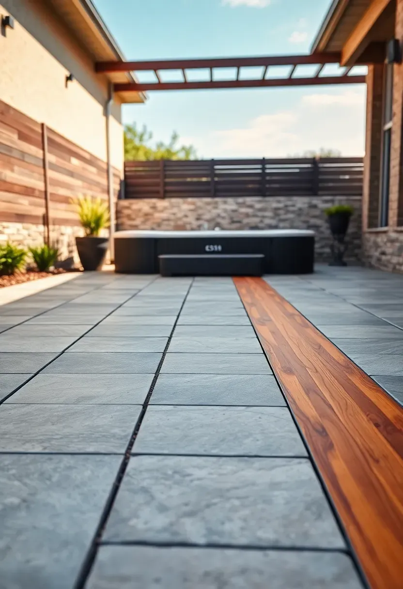 A patio area combining stamped concrete made to look like stone with inlaid strips of warm wood decking leading to a swim spa