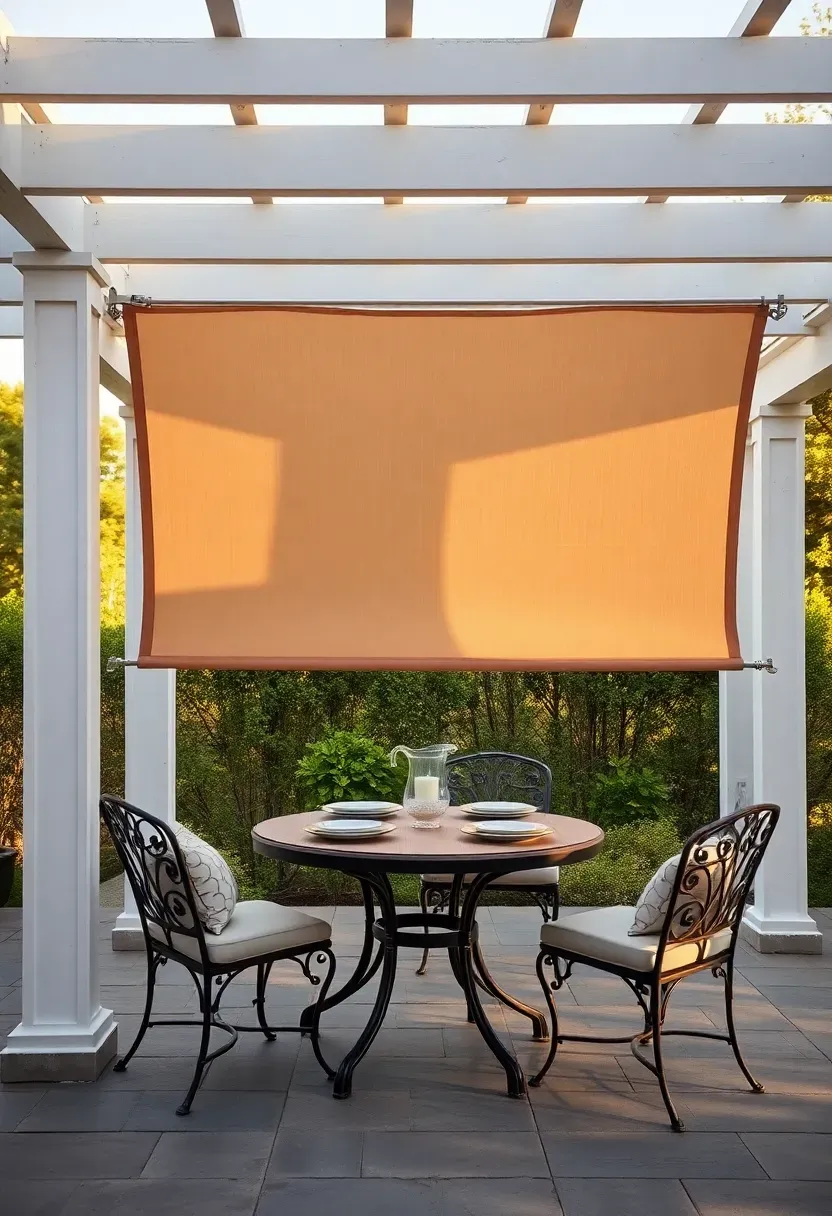 White pergola with a beige retractable canopy partially extended over an outdoor dining table set for four on a stone patio
