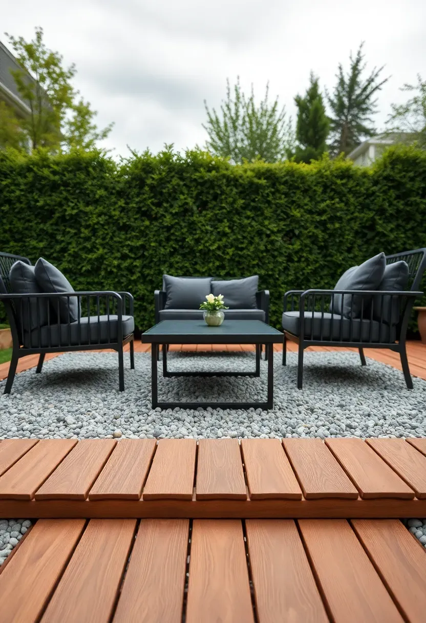Interlocking composite deck tiles laid over a compacted gravel pad in a backyard, forming a patio-style deck area with modern outdoor furniture