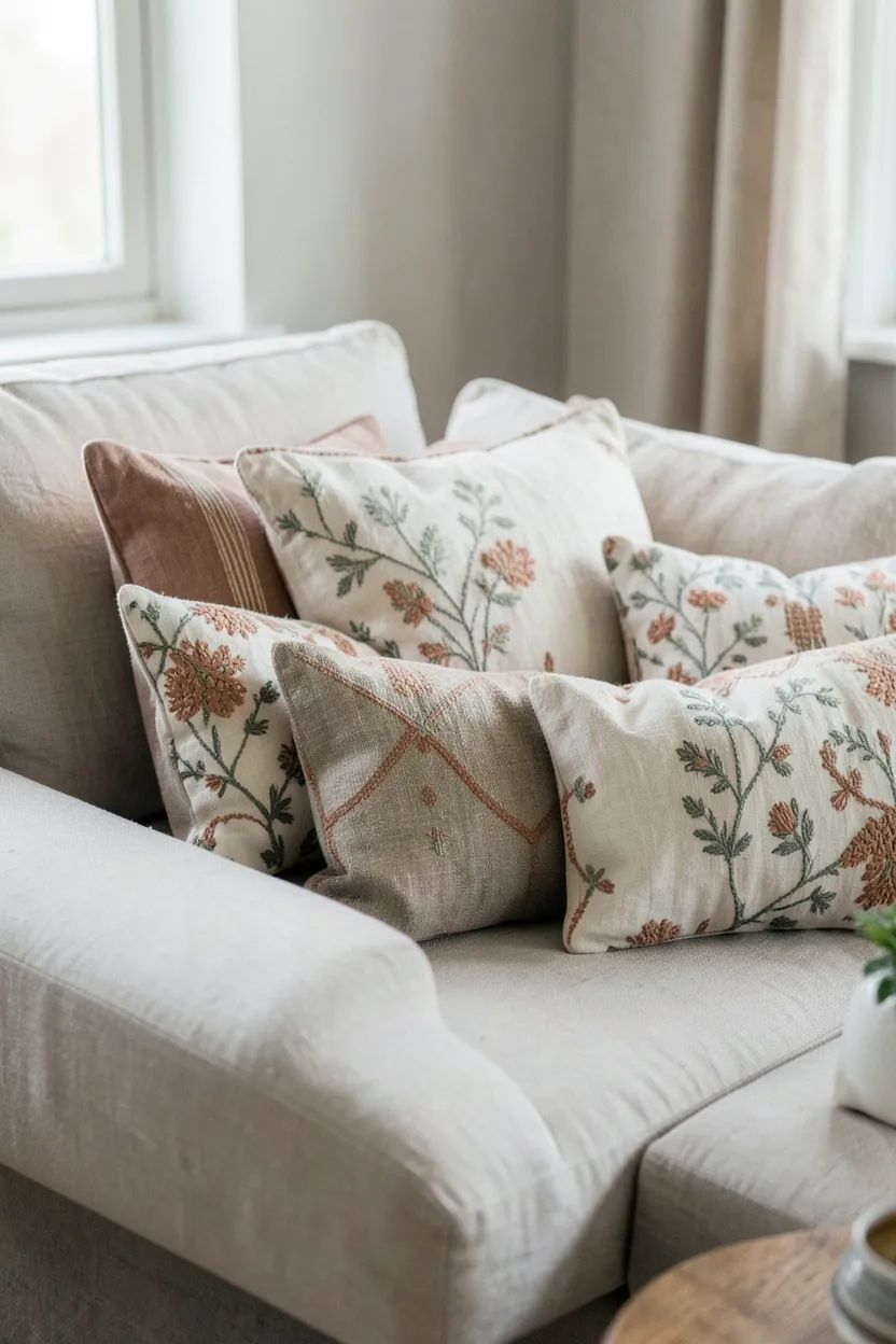 Cream linen sofa with an eclectic mix of embroidered and woven cushions in terracotta, sage, and dusty pink tones in a boho rental living room