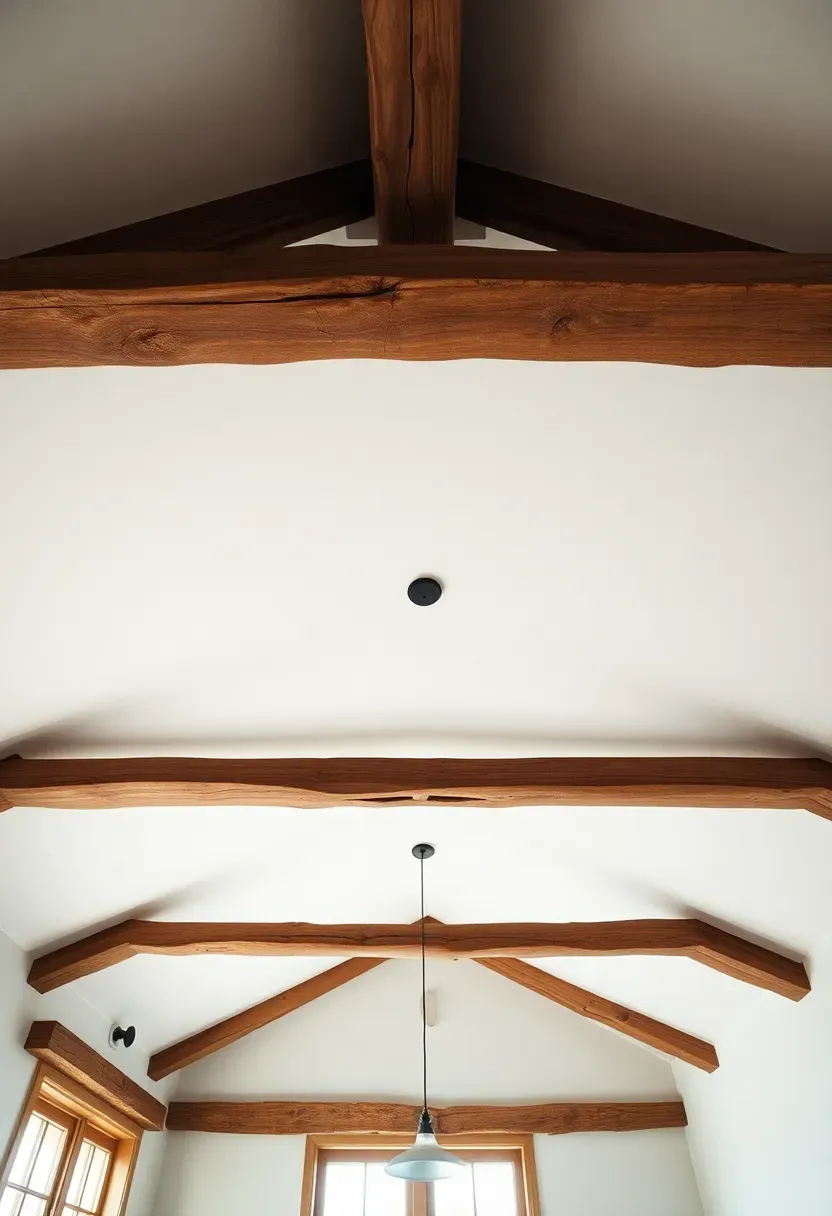Hyper-realistic view looking up at exposed rough-hewn wood ceiling beams in rustic minimalist living room with white plaster ceiling between. Materials: distressed natural oak beams, white ceiling, simple modern pendant lights visible. Soft ambient daylight from windows below. Architectural composition showing beam pattern and ceiling texture. No text, no logos, architectural detail photography style.</p>
