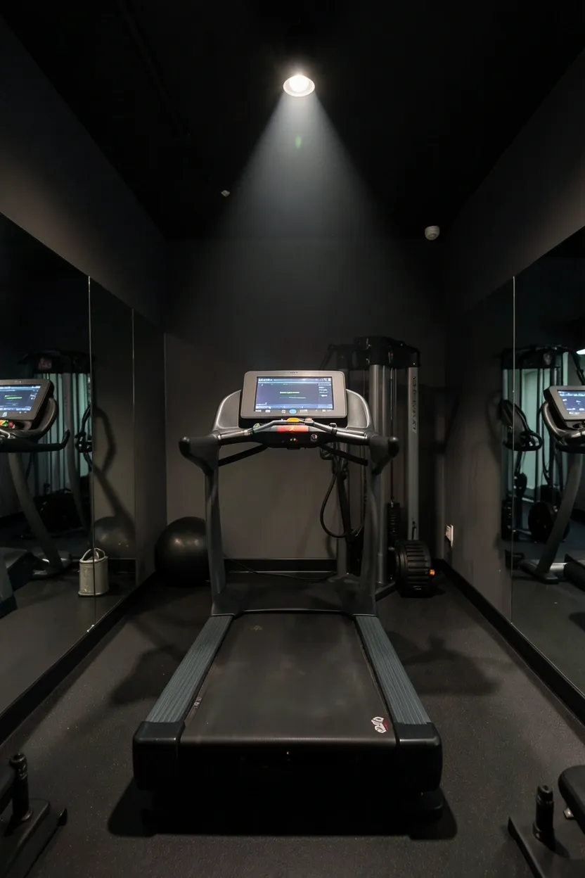 Horizontal mirror mounted above a gym door using otherwise wasted wall space to add reflection in a small workout room