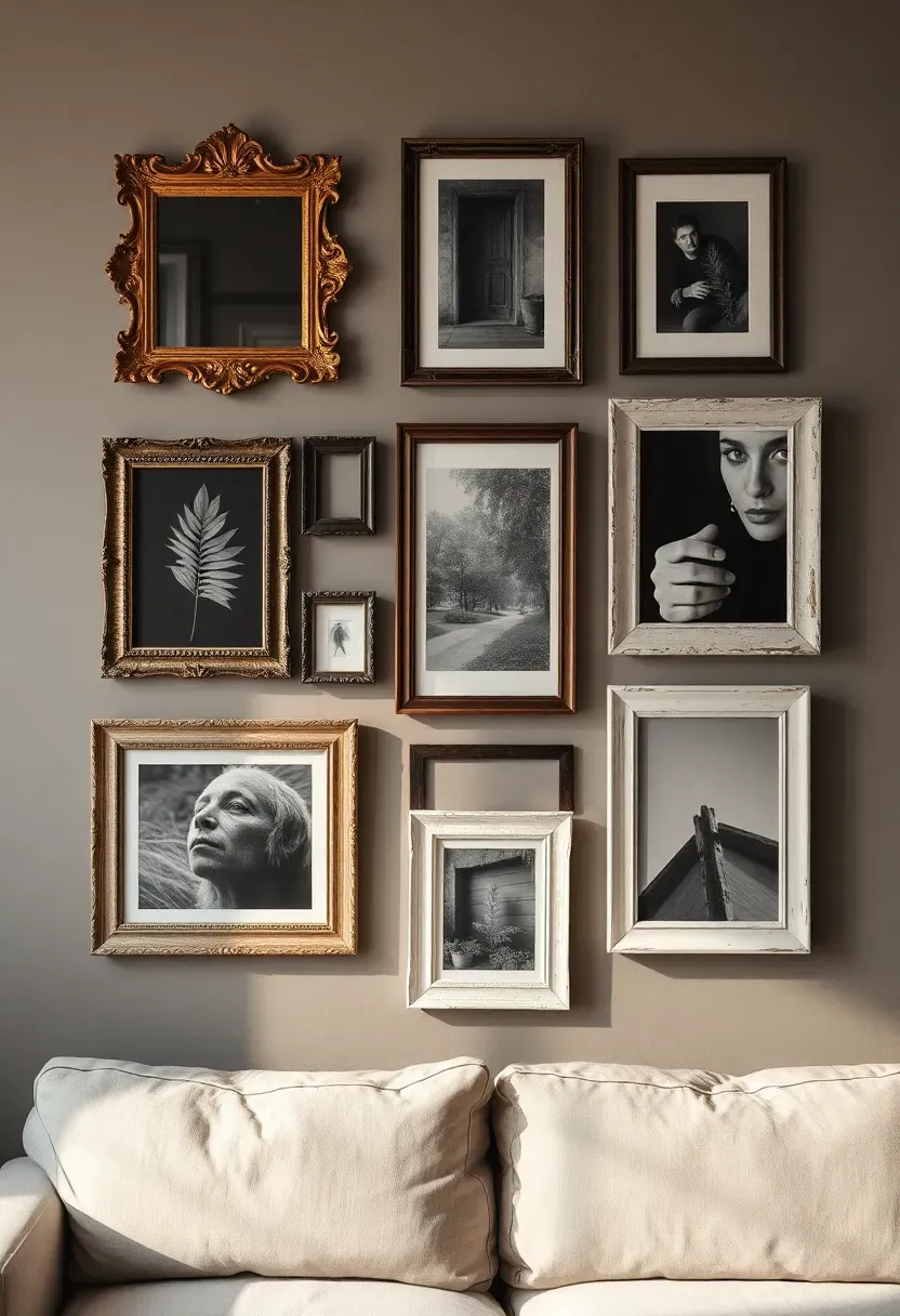 Monochrome black-and-white photo gallery wall with mismatched antique frames on a warm gray living room wall