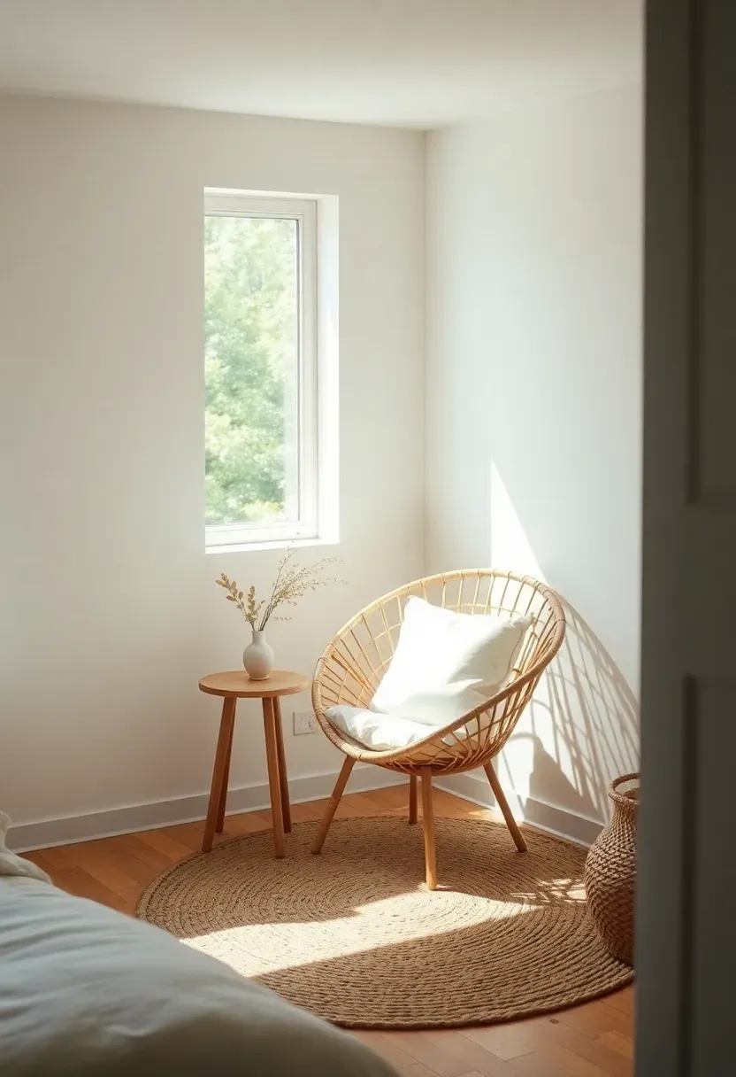 Hyper-realistic corner view of a minimalist boho bedroom featuring a small seating nook with a curved rattan chair, a small side table, and a jute rug underneath. Materials: natural rattan weave, white cushion, light wood table. Soft morning light from nearby window. Peaceful minimalist mood with negative space. No text, no logos, no watermarks.</p>