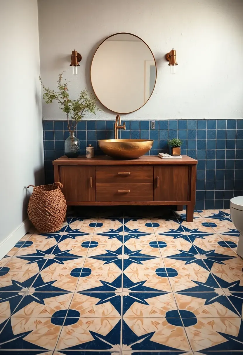 Patterned Moroccan cement tile bathroom floor in deep blue and ivory geometric design with wooden vanity