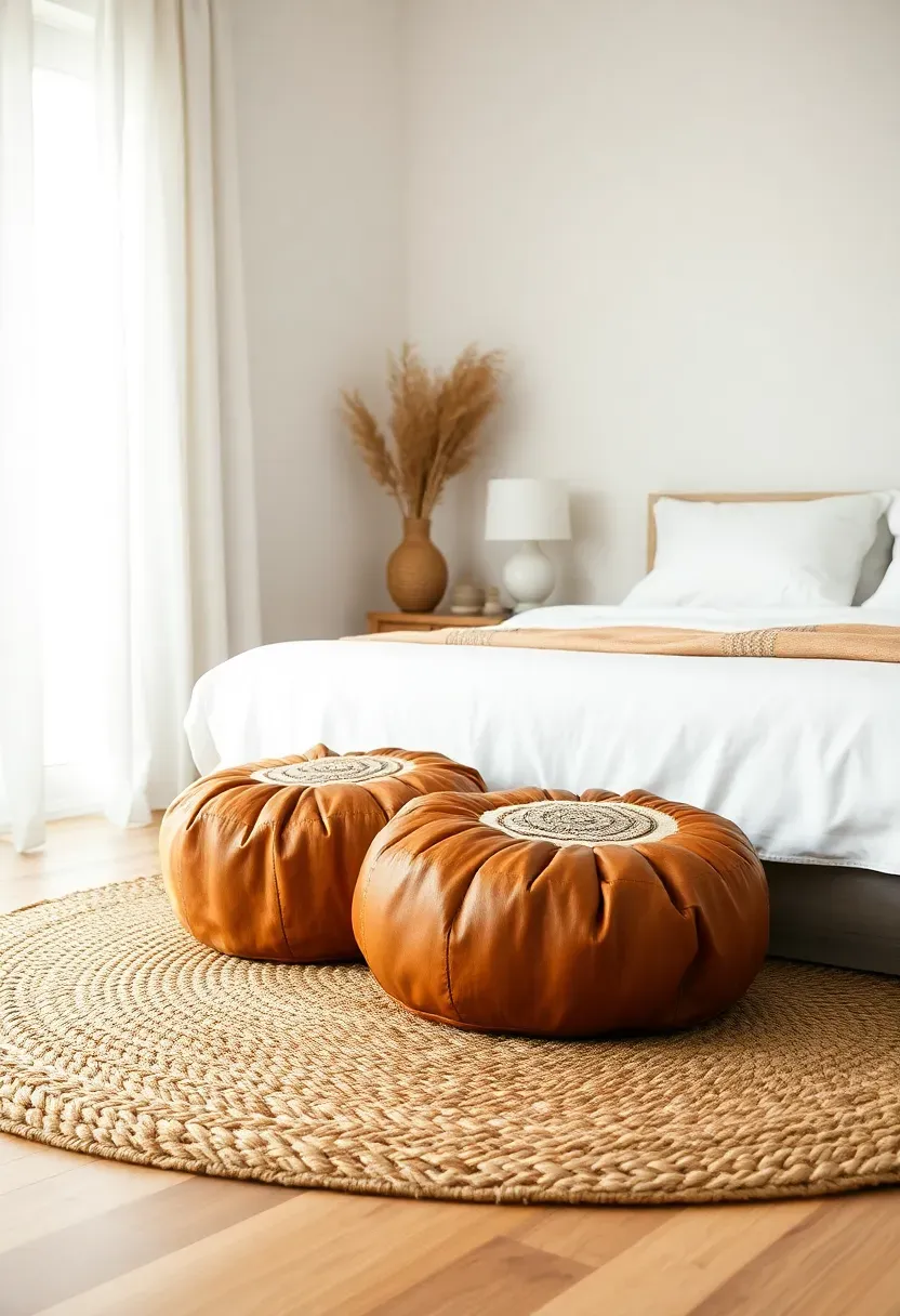 Woven pouf seating at foot of bed