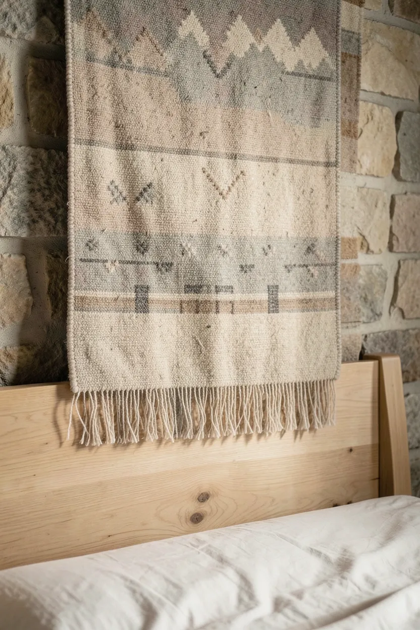 Large weathered driftwood piece mounted above a bed as wall art in a coastal wabi sabi bedroom