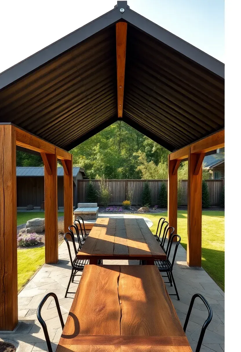 Open-air dining pavilion with a standing-seam metal roof supported by timber posts sheltering a long table in a backyard