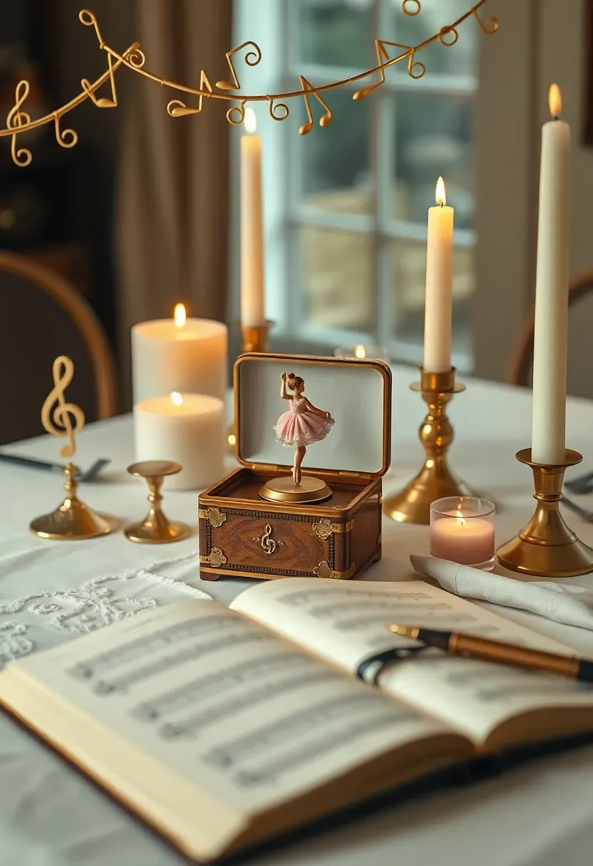 music box lullaby themed baby shower with vintage music boxes soft lighting and musical note decor