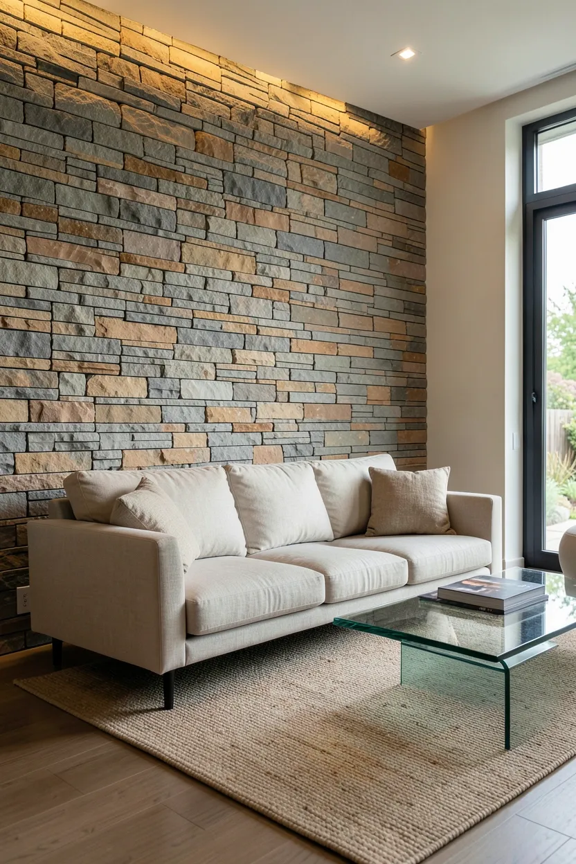 Stacked natural stone accent wall behind a sleek sofa in a light-filled modern rustic living room