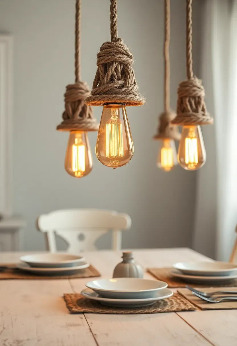 Cluster of three rope-wrapped pendant lights with Edison bulbs hanging at different heights over a shabby chic dining table with linen place settings