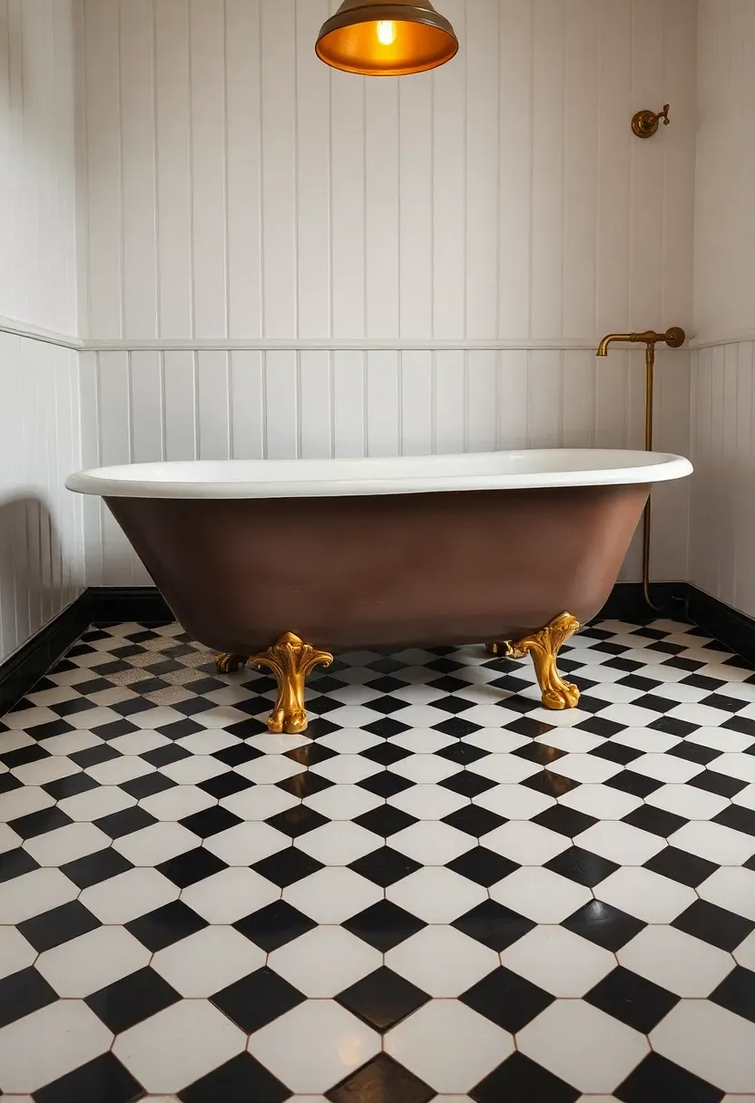 Classic black and white checkerboard tile floor in a bathroom with clawfoot tub white beadboard walls and vintage brass fixtures