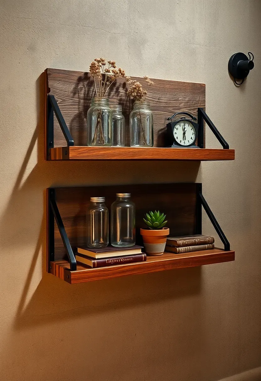 Rustic reclaimed wood shelves on a basement wall with iron L-brackets, displaying mason jars, vintage finds, and a small potted succulent