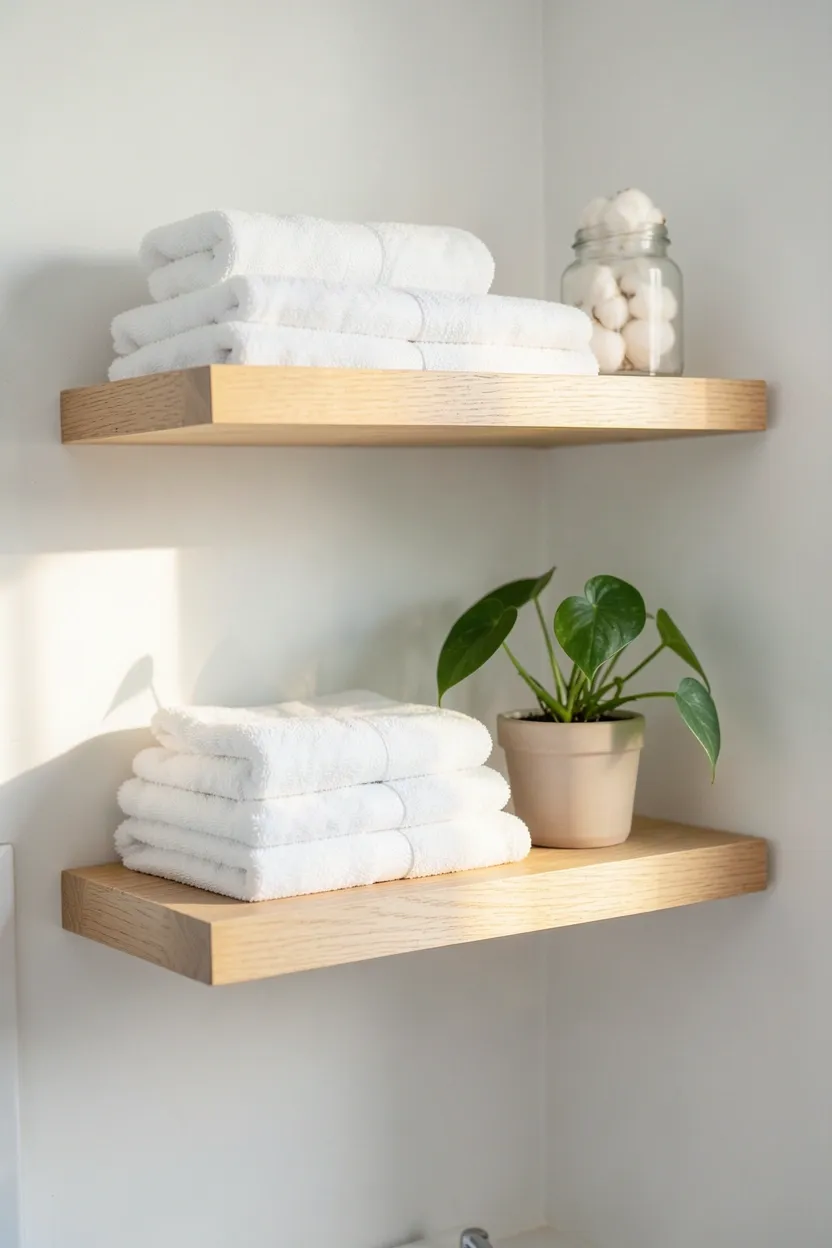 White floating shelves above toilet in a small apartment bathroom styled with folded towels, a small plant, and woven baskets