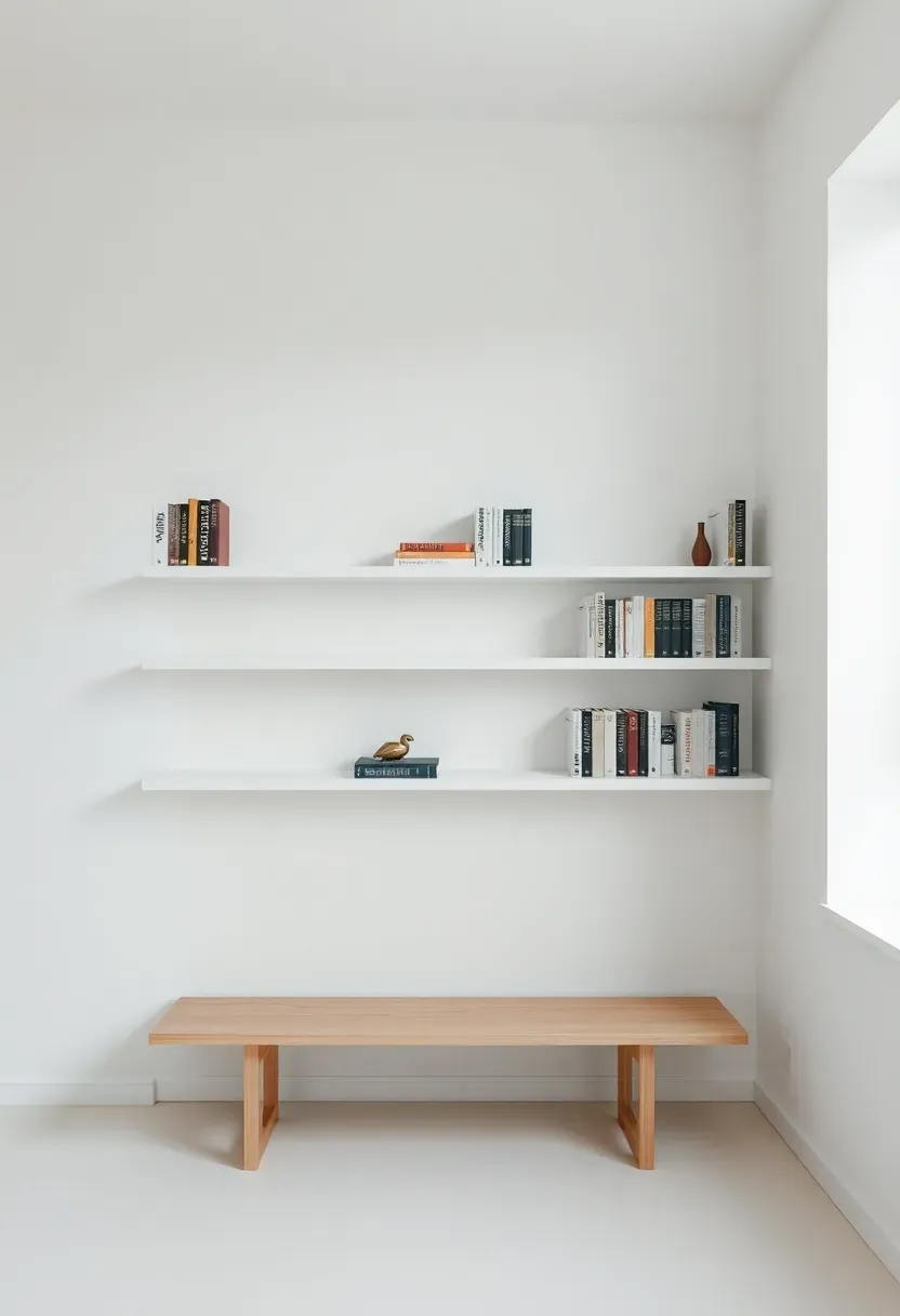 Hyper-realistic front view of minimalist single-wall library with long low floating shelves, books arranged horizontally and vertically, minimal objects, simple bench seating below. Materials: white floating shelves, carefully curated books, light wood bench, white wall. Soft diffused natural light from side (overcast day), minimal shadows. Clean composition, sharp details, modern minimalist aesthetic, uncluttered serene room. No text, no logos, no watermarks.</p>