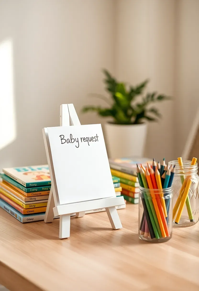 baby shower sign reading please bring a book instead of a card displayed on a small easel with a stack of children s books and a jar of colored pencils nearby