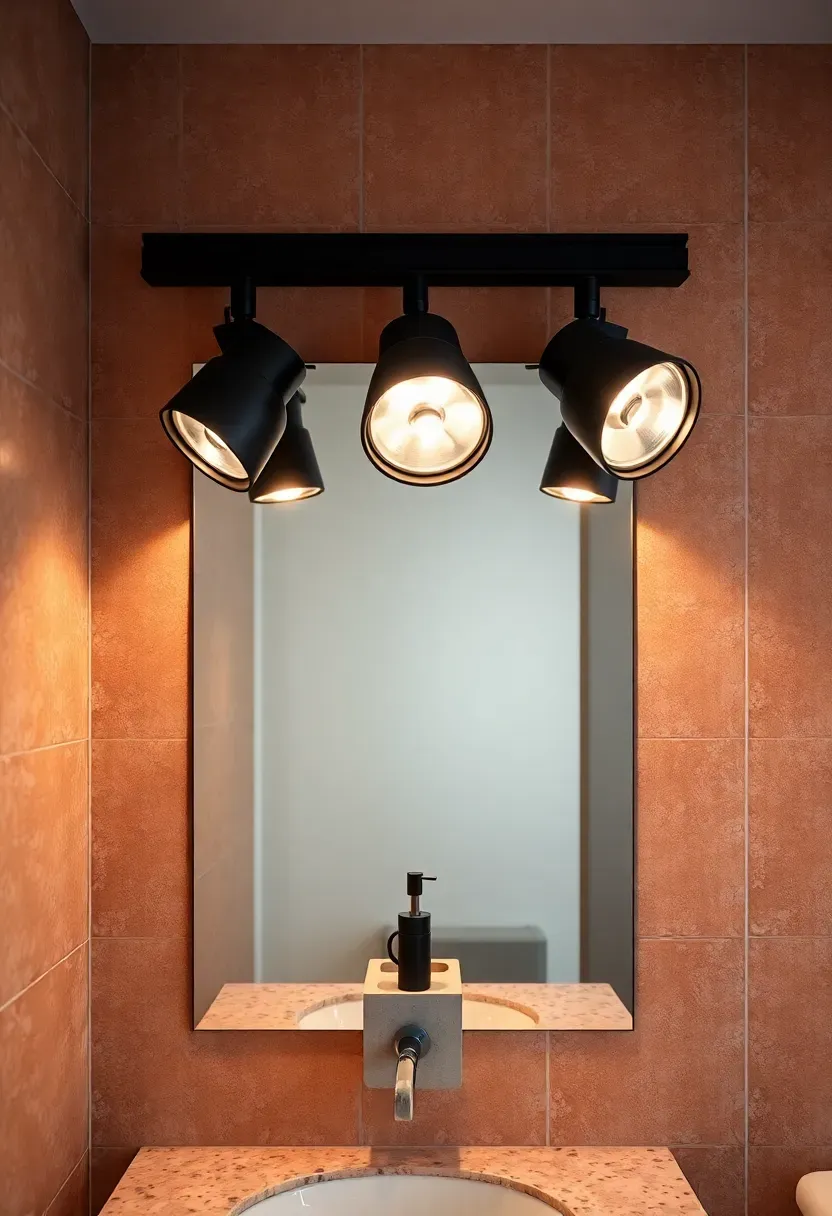 Matte black track light with three adjustable heads mounted above a bathroom mirror with terrazzo tile surround