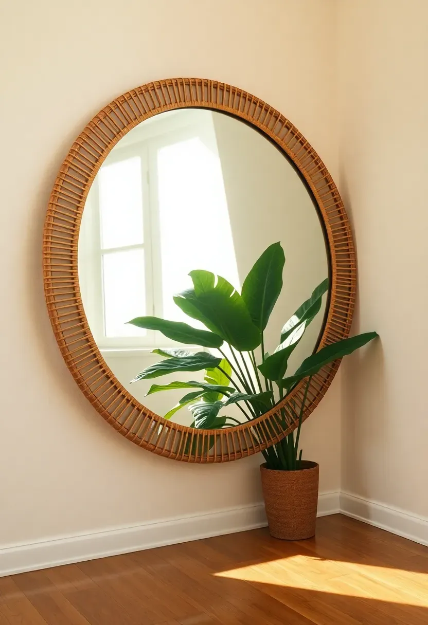 large round mirror leaning against sunroom wall reflecting windows and doubling the light