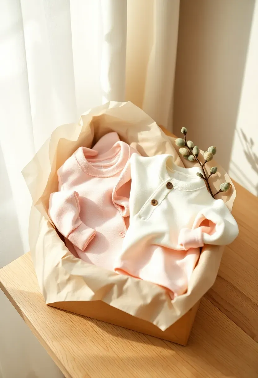 organic cotton baby sleepsuits in pastel colours folded neatly in a gift box