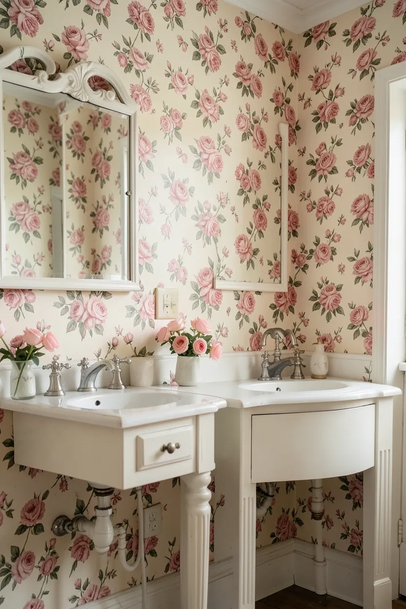 Rose patterned pink wallpaper on bathroom feature wall with delicate floral motifs, romantic vintage-style bathroom decor for renters