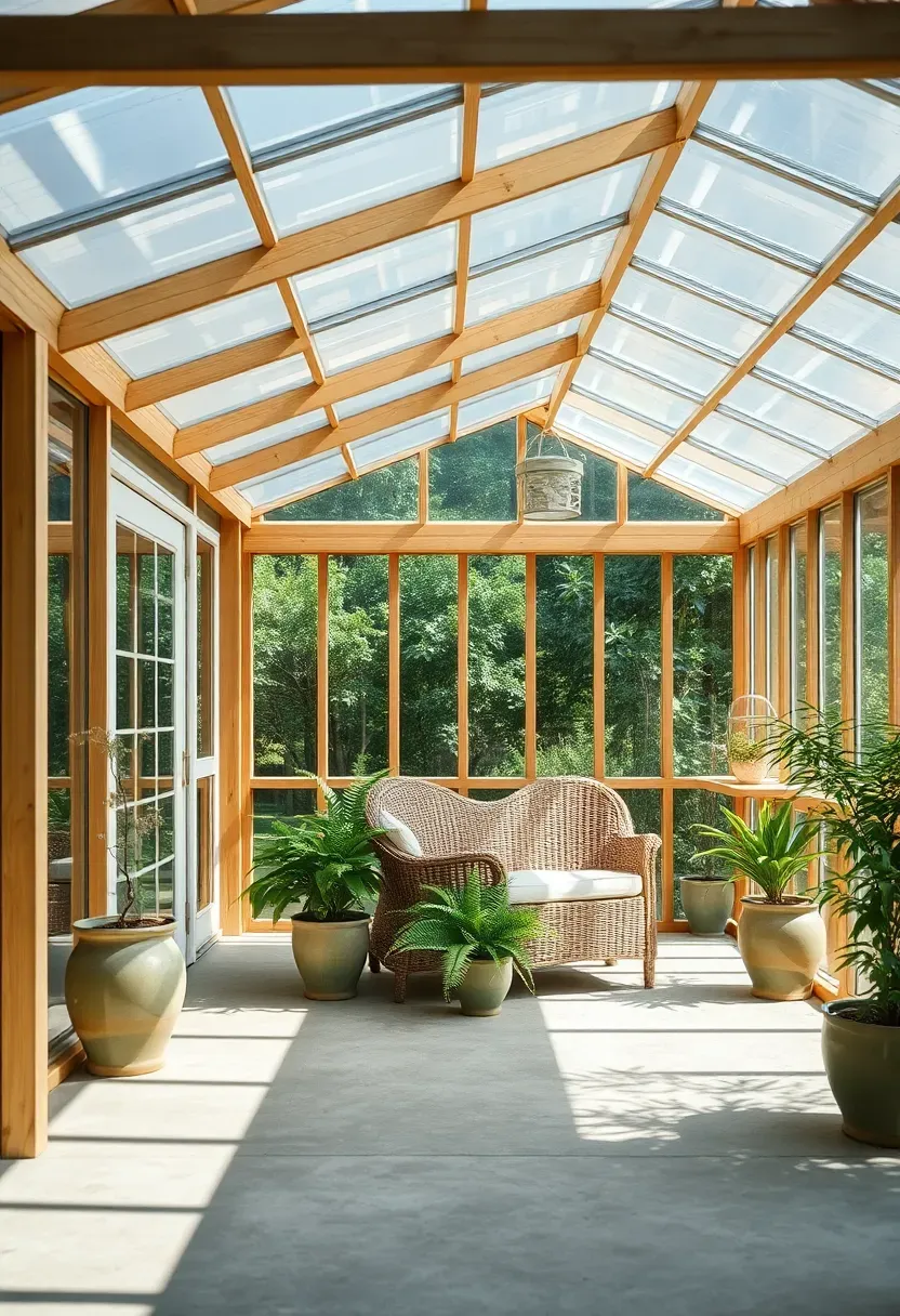 Back porch enclosed with translucent polycarbonate roof panels creating a bright protected sun room