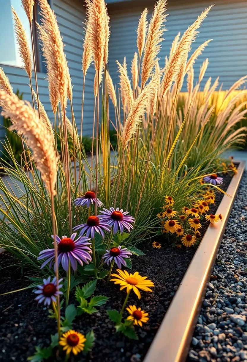 A modern backyard flower bed mixing tall ornamental grasses like Karl Foerster with purple coneflowers and rudbeckia in a naturalistic style