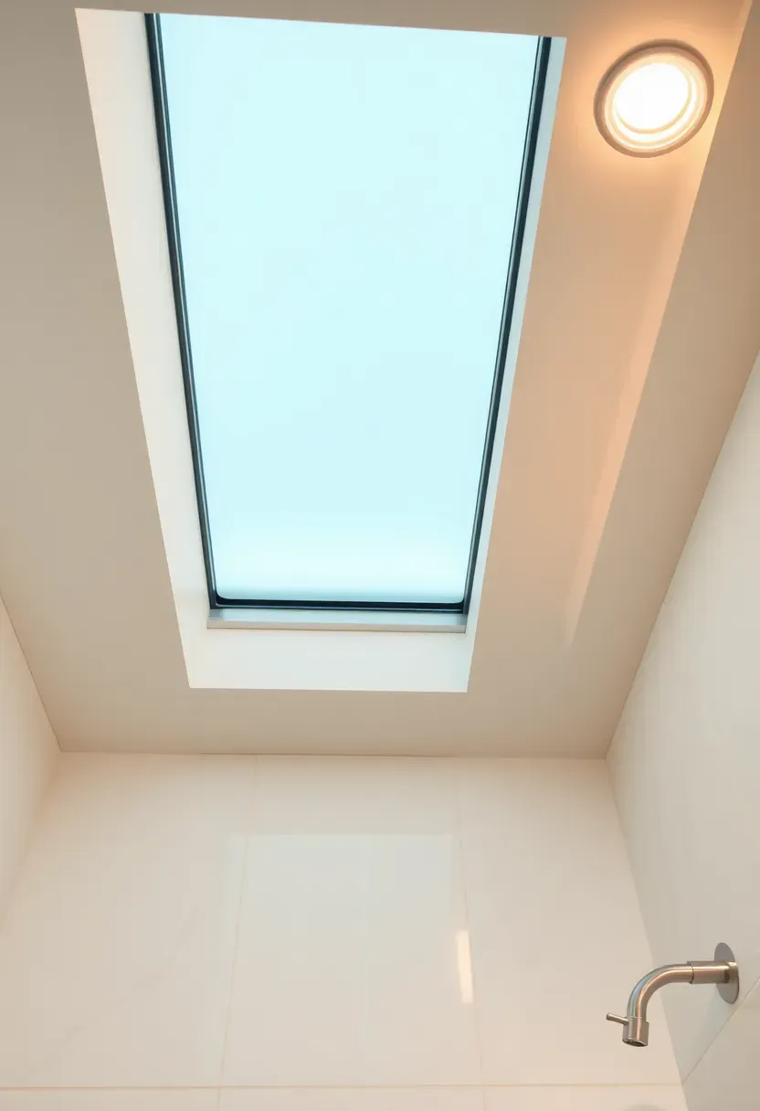 Bright bathroom with a frosted glass skylight in the ceiling and two warm-toned recessed downlights flanking it