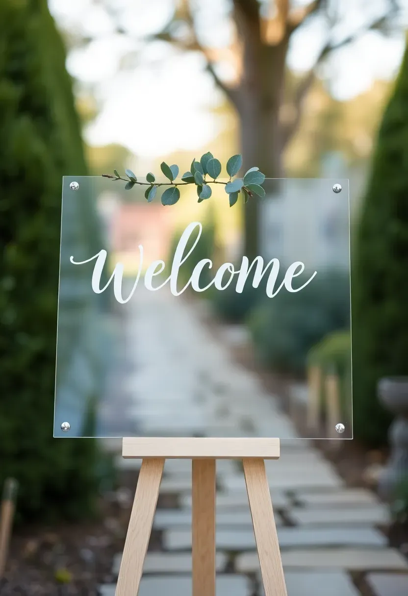 Handwritten calligraphy welcome sign on clear acrylic sheet at a backyard engagement party entrance with greenery garland and a wooden easel