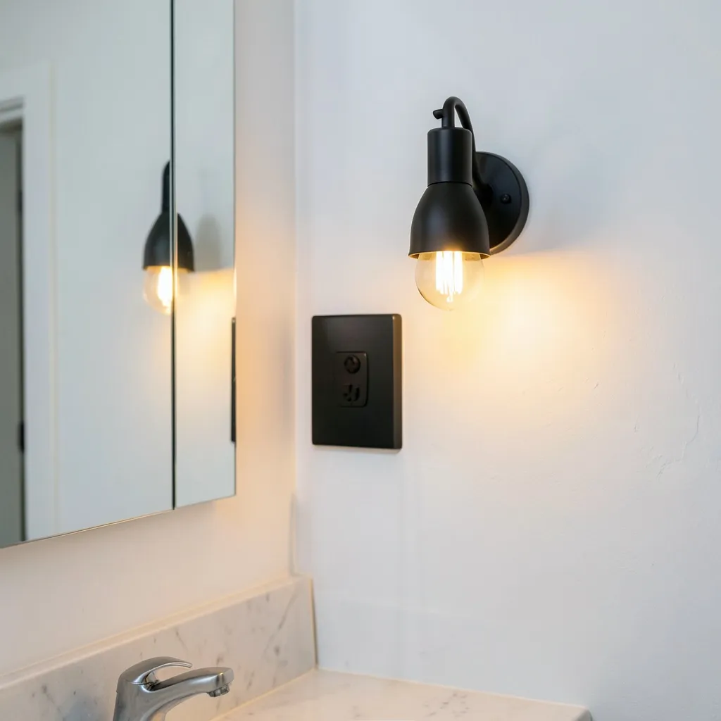 Plug-in matte black wall sconce beside bathroom mirror