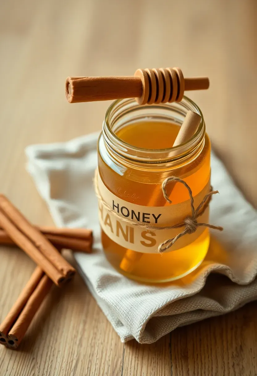 cinnamon stick honey dipper set wrapped in parchment paper with a small jar of golden honey