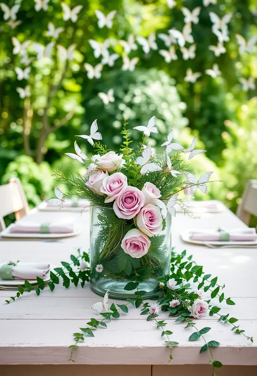 butterfly conservatory baby shower with paper butterfly garlands soft lavender and pink flowers fern arrangements and a butterfly release cage on a garden table
