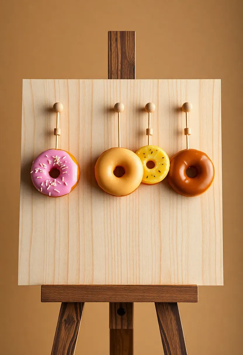 rustic pegboard donut wall mounted on an easel with glazed donuts in pastel colors and a hand lettered donut mind if I do sign