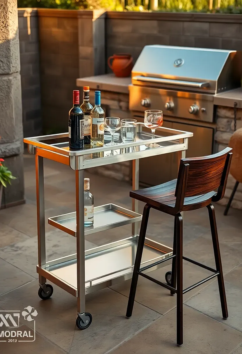 An outdoor bar cart with bottles and glasses next to two backless wooden bar stools on a stone patio near a grill area