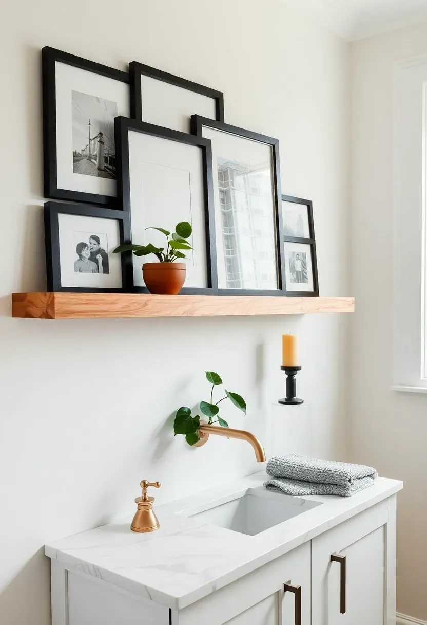 Long wooden picture ledge mounted above a bathroom vanity holding overlapping black framed photographs and a small green plant in a terracotta pot